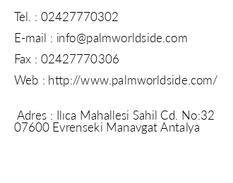 Palm World Resort Spa iletiim bilgileri